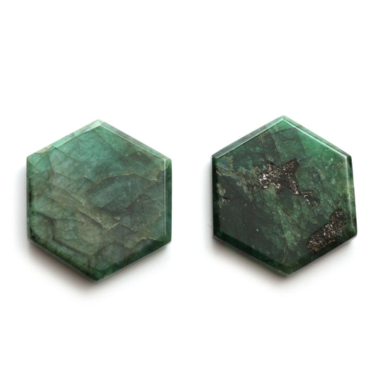 Natural Emerald Both Side Flat Hexagon, 40x44mm, Emerald Jewelry Making Gemstone, Pair ( 2 Pieces )