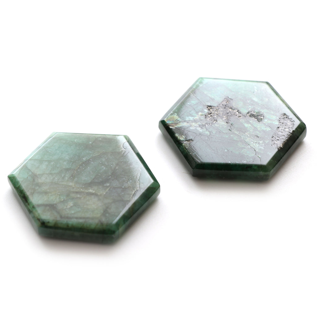 Natural Emerald Both Side Flat Hexagon, Loose Gemstone, 40x44mm, Emerald Smooth Gemstone, Pair ( 2 Pieces ) - National Facets, Gemstone Manufacturer, Natural Gemstones, Gemstone Beads