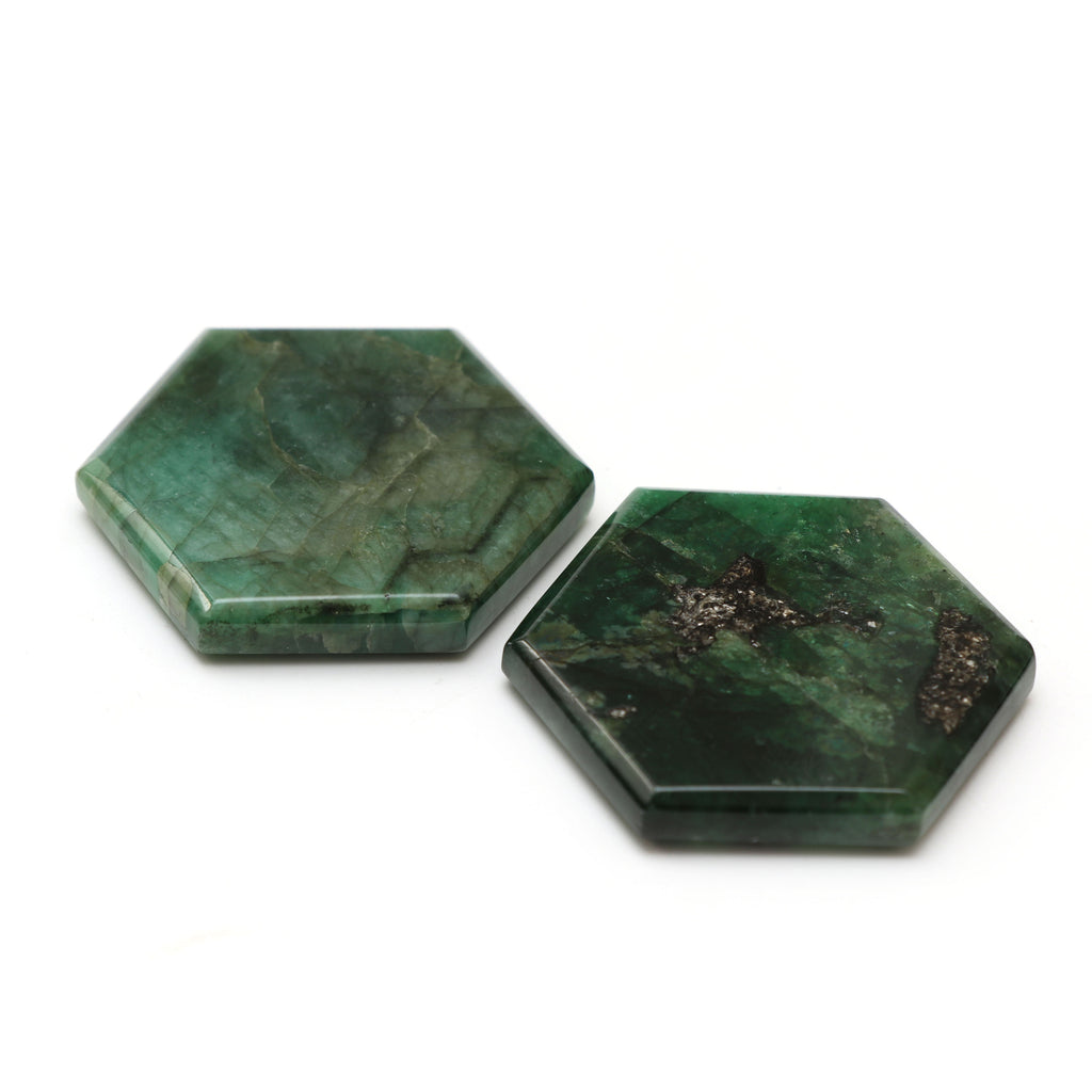 Natural Emerald Both Side Flat Hexagon, Loose Gemstone, 40x44mm, Emerald Smooth Gemstone, Pair ( 2 Pieces ) - National Facets, Gemstone Manufacturer, Natural Gemstones, Gemstone Beads