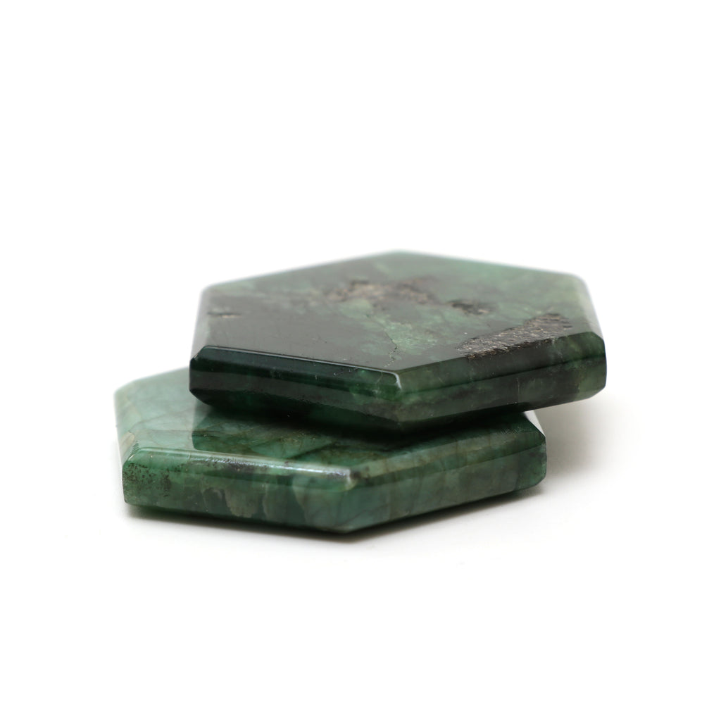 Natural Emerald Both Side Flat Hexagon, Loose Gemstone, 40x44mm, Emerald Smooth Gemstone, Pair ( 2 Pieces ) - National Facets, Gemstone Manufacturer, Natural Gemstones, Gemstone Beads