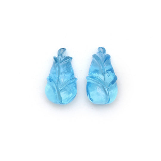 スイスブルートパーズ フラワーカービング ルースジェムストーン、9x16 mm、ブルートパーズ ジュエリーメイキングジェムストーン、ペア（2個）