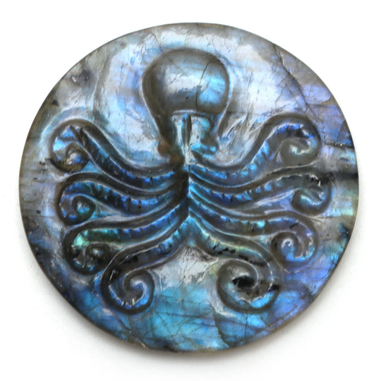 Labradorite Octopus Round Carving Loose Gemstone, 40 mm, Labradorite Jewelry Making Gemstone, 1 Piece