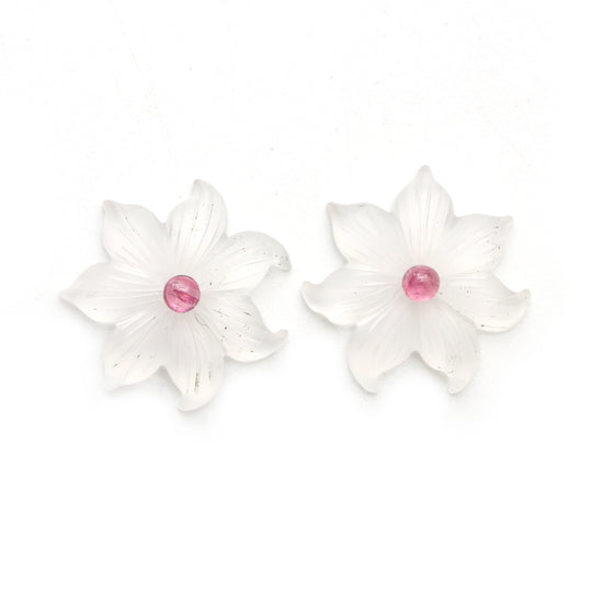 クリスタル クォーツ フラワー カービング ルース ジェムストーン、21 x 21 mm、クリスタル クォーツ ジュエリーメイキング ジェムストーン、ペア (2 個)