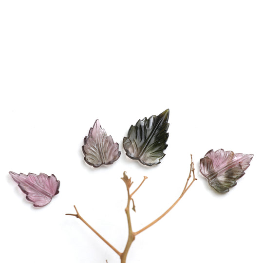 Natural Bi - Color Tourmaline Leaf Carving Loose Gemstone, 14x18 mm to 17x25 mm, Tourmaline Jewelry Handmade Gift For Women, Set of 4 Pieces