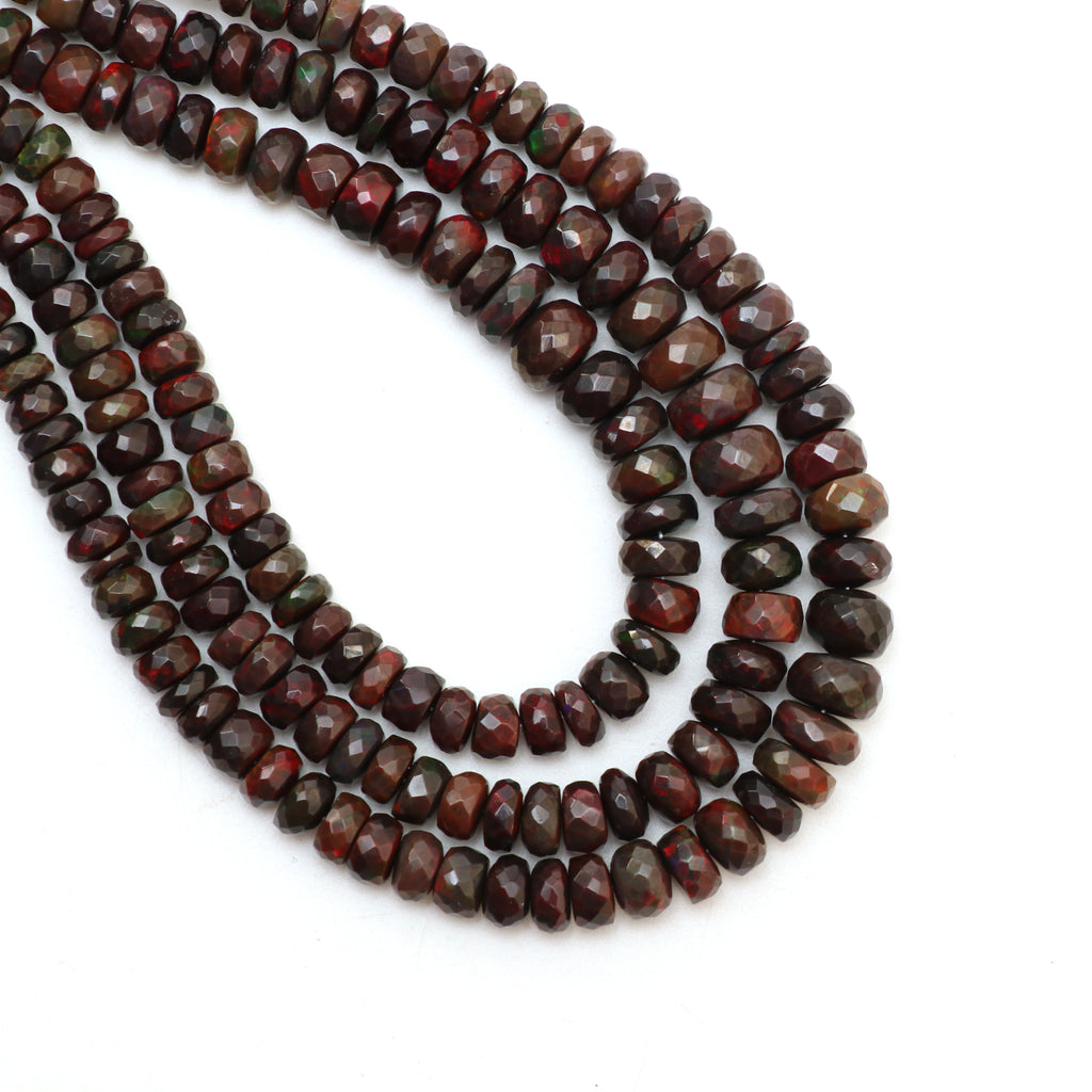 Dyed Black Ethiopian Opal Faceted Rondelle Beads, 5.5 mm to 7.5 mm, 18 Inches Full Strand, Price Per Strand - National Facets, Gemstone Manufacturer, Natural Gemstones, Gemstone Beads, Gemstone Carvings