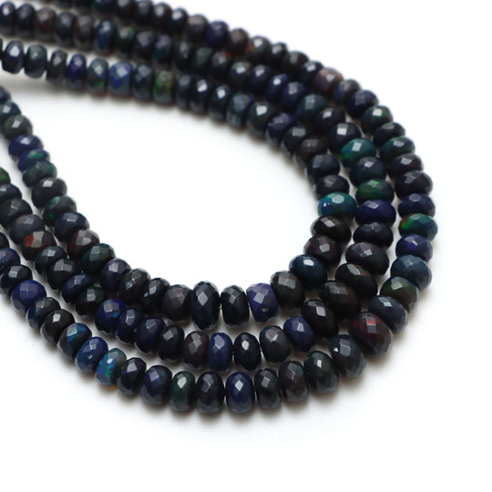 Black Ethiopian Opal Faceted Rondelle Beads, 5.5 mm To 8 mm, Black Opal Beads, 18 Inches Full Strand, Price Per Strand