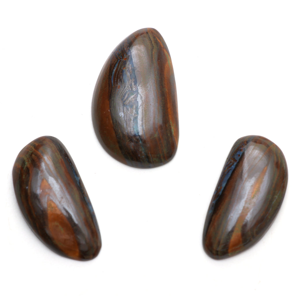 Natural Boulder Opal Smooth Organic Shape Loose Gemstone, 18x36 mm to 23.5x40.5 mm, Boulder Opal Smooth Cabochon Gemstone, Set of 3 Pieces - National Facets, Gemstone Manufacturer, Natural Gemstones, Gemstone Beads