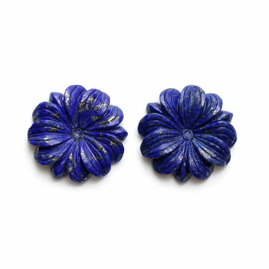 Lapis Carving Flower Loose Gemstone, 30x30 mm, Lapis Jewelry Handmade Gift for Women, Pair ( 2 Pieces )