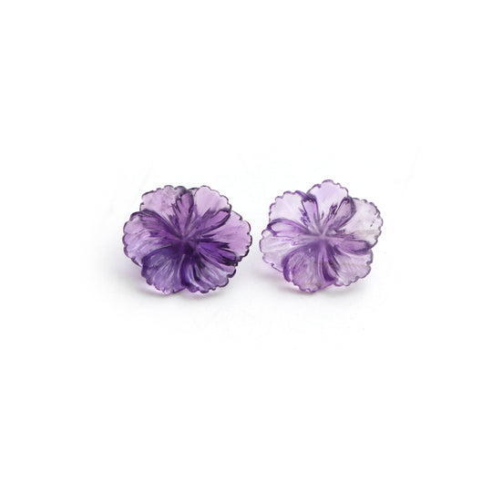 Natural Amethyst Flower Carving Loose Gemstone, 14x16 mm, Amethyst Jewelry Making Beads, Pair ( 2 Pieces )