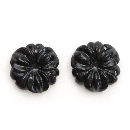 ブラックオニキス フラワー カービング ルース ジェムストーン、20x20 mm、ブラックオニキス ジュエリーメイキング ジェムストーン、ペア (2 個)