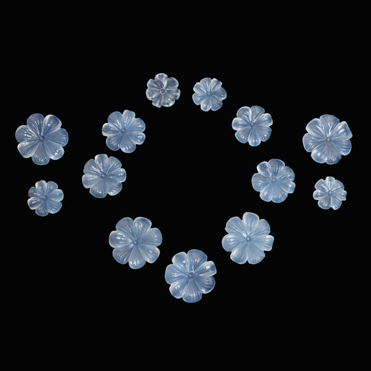 Natural Blue Chalcedony Flower Carving Loose Gemstone, 20x20 To 30x30mm , Blue Chalcedony Jewelry Making Gemstone, Set Of 21 Piece