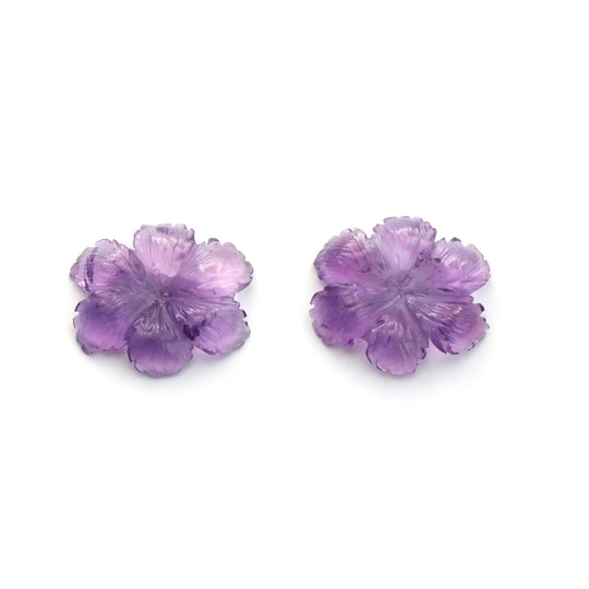 Amethyst Flower Carving Loose Gemstone, 17.5x20.5 mm To 18x20 mm, Amethyst Jewelry Making Gemstone, February Birthstone, Pair ( 2 Pieces )