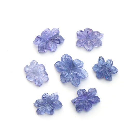 Natural Tanzanite Flower Carving Loose Gemstone, 11x13 mm To 15x17 mm, Tanzanite Jewelry Making Gemstone, Set of 7 Pieces