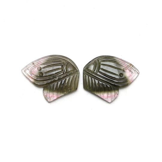 Natural Bi Color Tourmaline Wings Carving Loose Gemstone, 18x18 mm, Bi Color Tourmaline Jewelry Making Gemstone, Pair ( 2 Pieces )