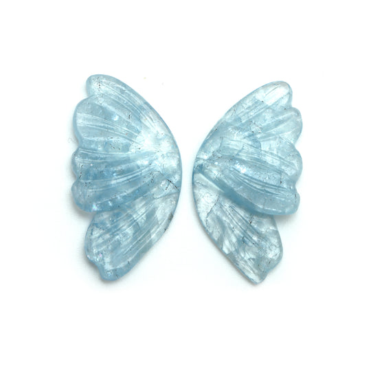Natural Aquamarine Wings Carving Loose Gemstone, 17.5X33 mm, Aquamarine Wings Jewelry Making Gemstone, Pair ( 2 Pieces )