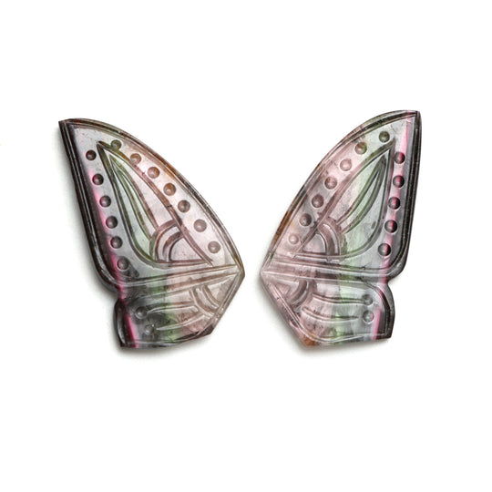 Natural Bi Color Tourmaline Wings Carving Loose Gemstone, 18x33 mm, Bi Color Tourmaline Jewelry Making Gemstone, Pair ( 2 Pieces )