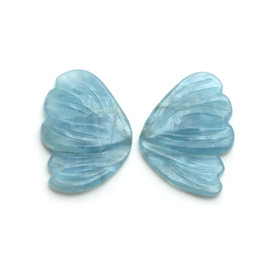 Natural Aquamarine Wings Carving Loose Gemstone, 19x30 mm, Aquamarine Wings Jewelry Making Gemstone, Pair ( 2 Pieces )