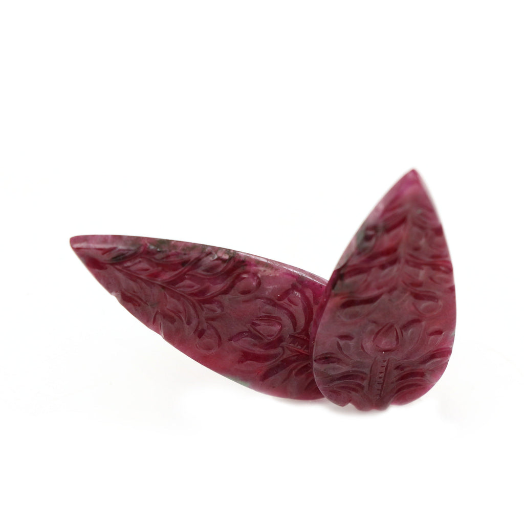 Natural Ruby Carving Pear Shaped Loose Gemstone - 41x17x2 mm - Ruby Pear, Ruby Carving Loose Gemstone, Pair (2 Pieces) - National Facets, Gemstone Manufacturer, Natural Gemstones, Gemstone Beads