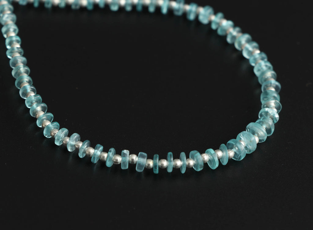 Sky Apatite Smooth Tyre Beads With Metal Spacer Balls- 4 mm to 6 mm- Sky Apatite Coin -Gem Quality ,8 Inch Full Strand, Price Per Strand - National Facets, Gemstone Manufacturer, Natural Gemstones, Gemstone Beads