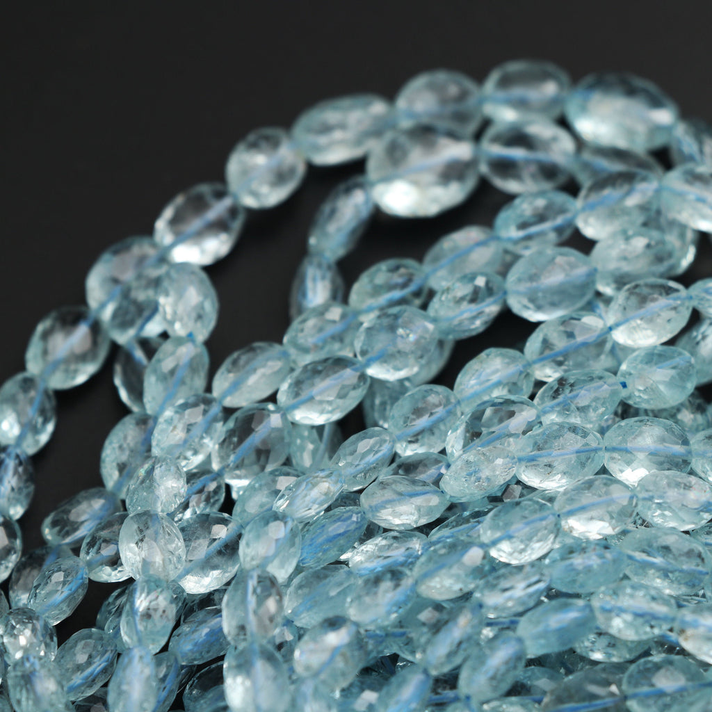 Aquamarine Faceted Oval Beads, 4.5x5.5 mm to 9x12 mm, Aquamarine Oval Beads,- Gem Quality , 18 Inch/ 46 Cm Full Strand, Price Per Strand - National Facets, Gemstone Manufacturer, Natural Gemstones, Gemstone Beads