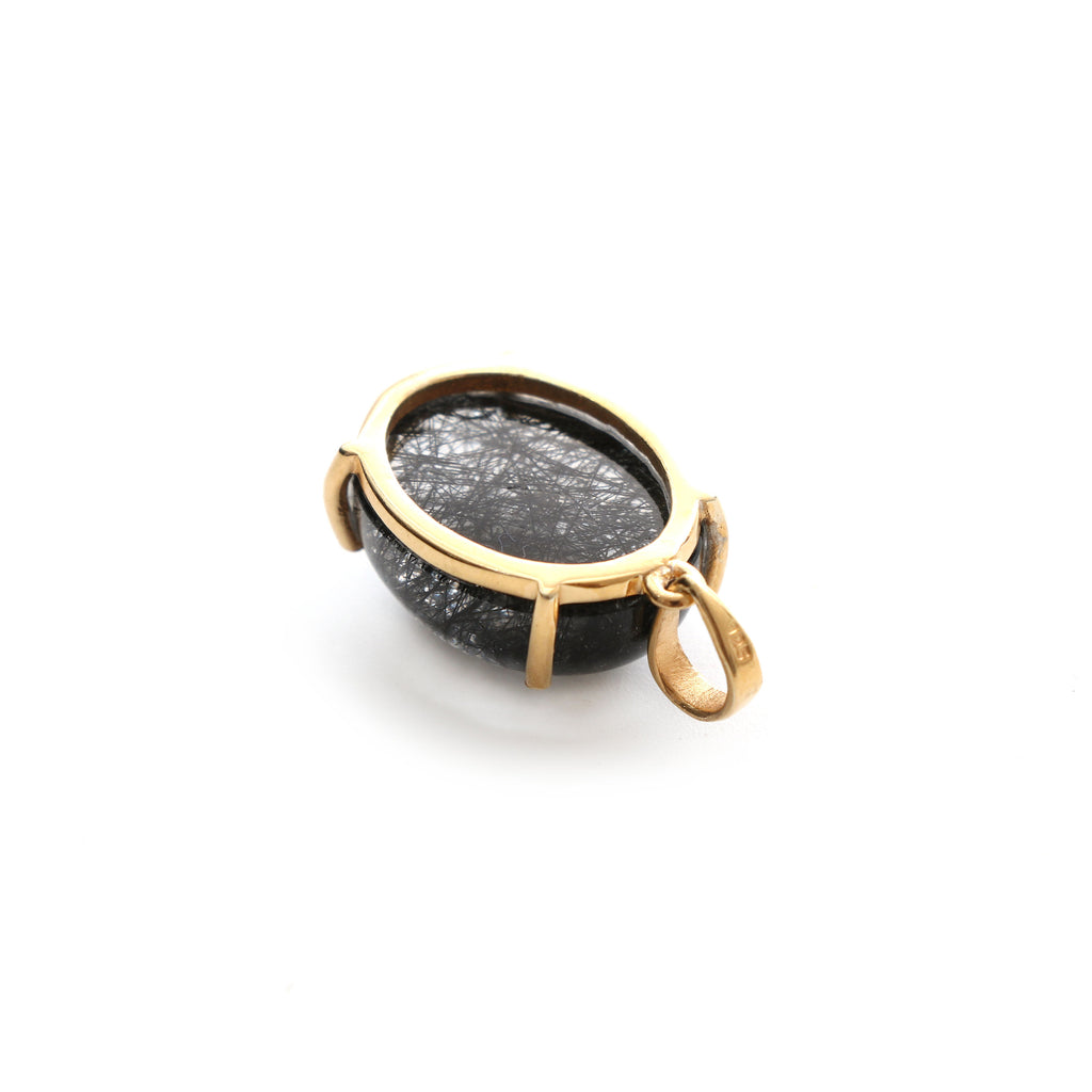 Black Rutile Smooth Oval Gemstone Prong Pendant | 925 Sterling Silver Gold Plated | Gift For Mom | Price Per Pendant - National Facets, Gemstone Manufacturer, Natural Gemstones, Gemstone Beads