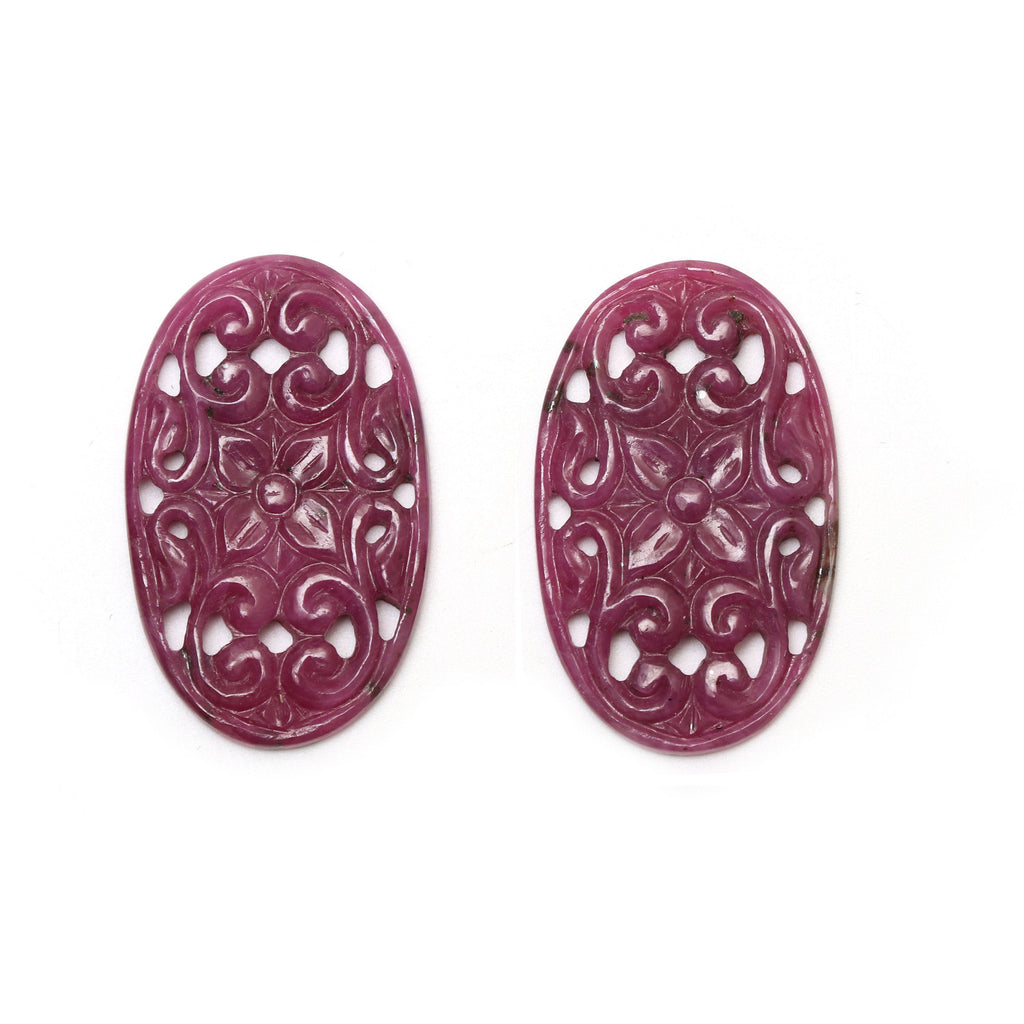 Natural Ruby Carving Oval Shaped Loose Gemstone - 20x33 mm - Ruby Oval, Ruby Carving Loose Gemstone, Pair (2 Pieces) - National Facets, Gemstone Manufacturer, Natural Gemstones, Gemstone Beads