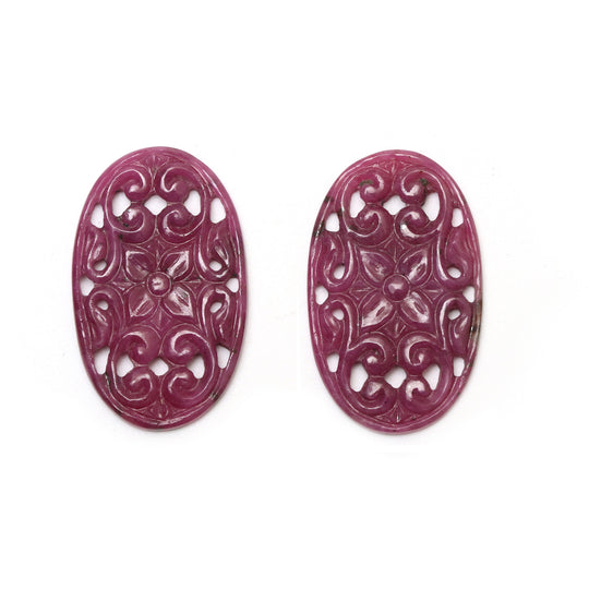 Natural Ruby Carving Oval Shaped Loose Gemstone - 20x33 mm - Ruby Oval, Ruby Carving Loose Gemstone, Pair (2 Pieces)