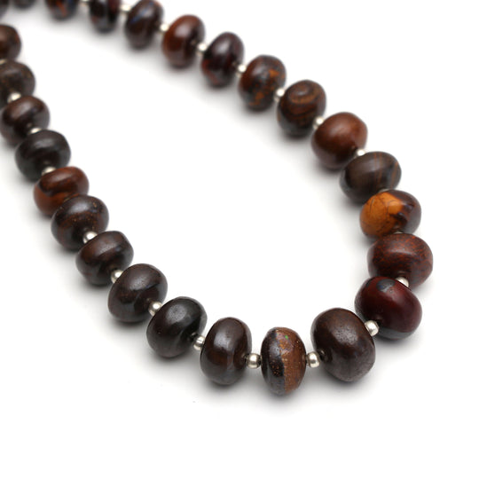 Boulder Opal Smooth Roundel Beads with Metal Spacer Balls - 8mm to 11mm - Boulder Opal Jewelry Making Beads, 8 Inch Full Strand, Price Per Strand