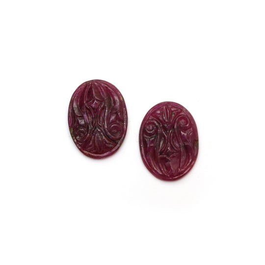 Natural Ruby Carving Oval Shaped Loose Gemstone - 19x14x2 mm - Ruby Oval, Ruby Carving Loose Gemstone, Pair (2 Pieces)