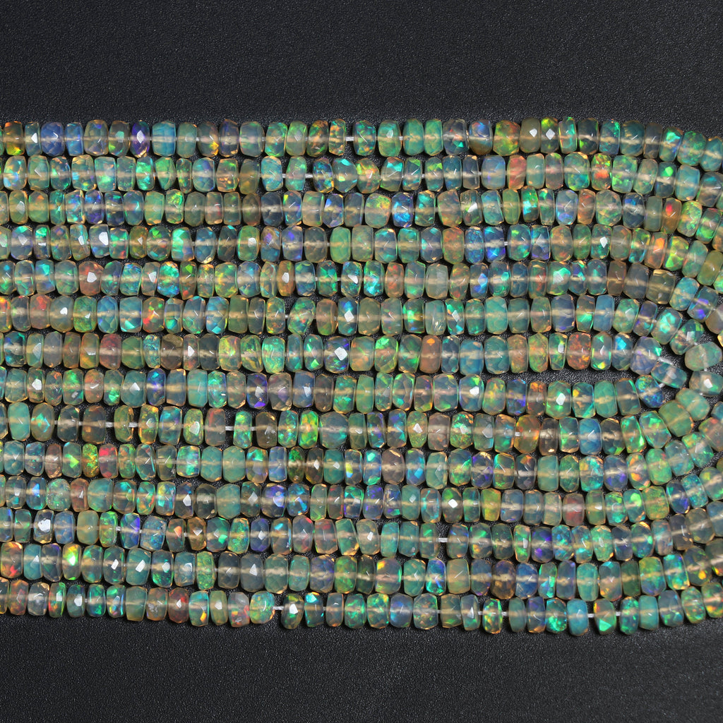 Natural Ethiopian Opal Faceted Roundell Beads, White Fire Opal , 3.5 mm to 4 mm - Ethiopian Opal - 8 Inch / 16 Inches, Price Per Strand - National Facets, Gemstone Manufacturer, Natural Gemstones, Gemstone Beads