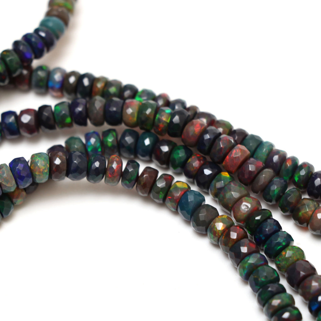 Natural Black Ethiopian Opal Smooth Rondelle Beads | 6 mm to 7.5 mm | 8 Inches/ 18 Inches Full Strand | Price Per Strand - National Facets, Gemstone Manufacturer, Natural Gemstones, Gemstone Beads