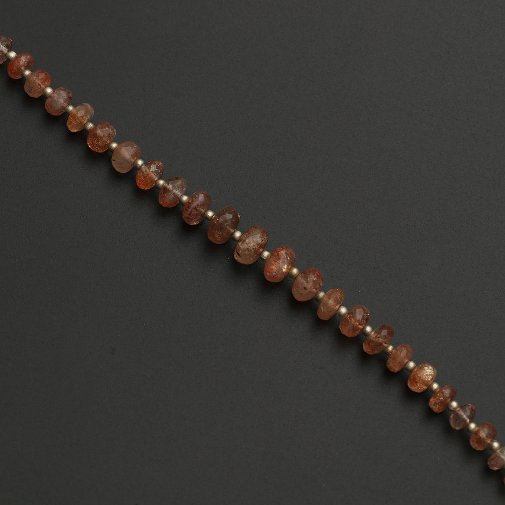 Natural Sunstone Faceted Roundel Beads With Metal Spacer Balls - 5 mm to 9 mm - Sunstone -Gem Quality, 8 Inch Full Strand, Price Per Strand - National Facets, Gemstone Manufacturer, Natural Gemstones, Gemstone Beads
