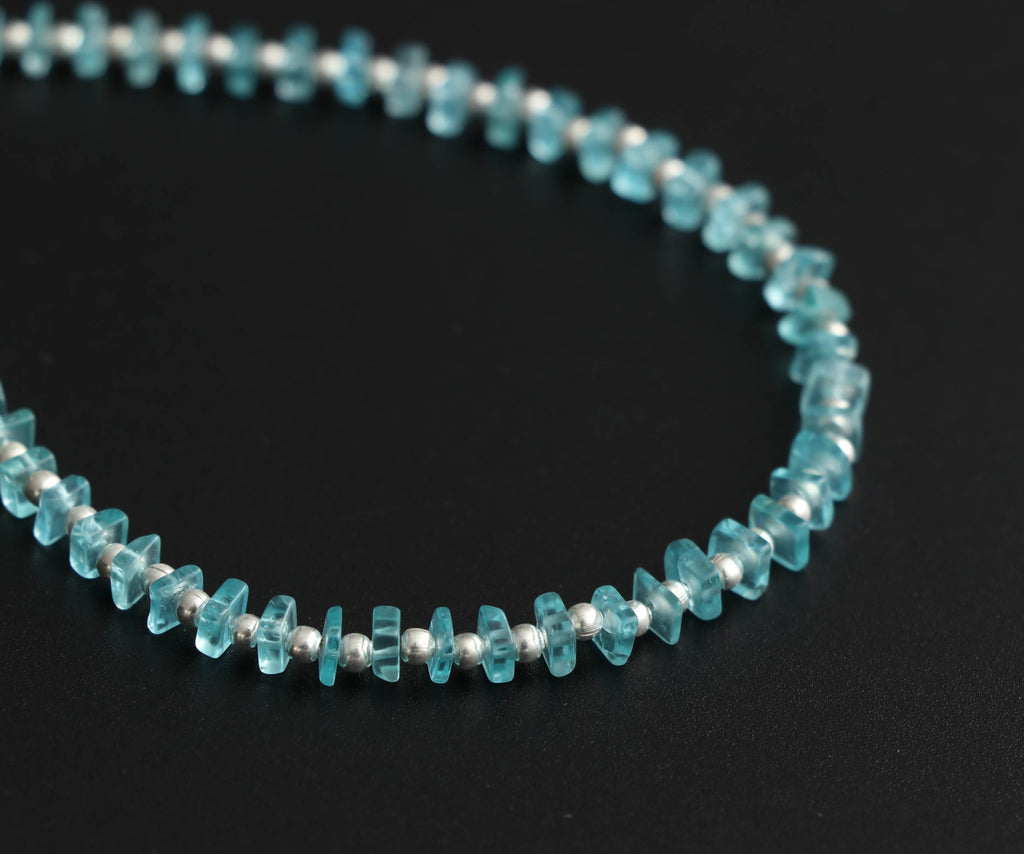 Sky Apatite Smooth Square Flats Beads With Metal Balls - 2x3 mm to 2x4 mm -Sky Apatite - Gem Quality , 8 Inch Full Strand, Price Per Strand - National Facets, Gemstone Manufacturer, Natural Gemstones, Gemstone Beads