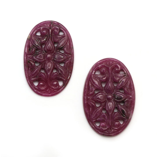 Natural Ruby Carving Oval Shaped Loose Gemstone - 32x21x3 mm - Ruby Oval, Ruby Carving Loose Gemstone, Pair (2 Pieces)