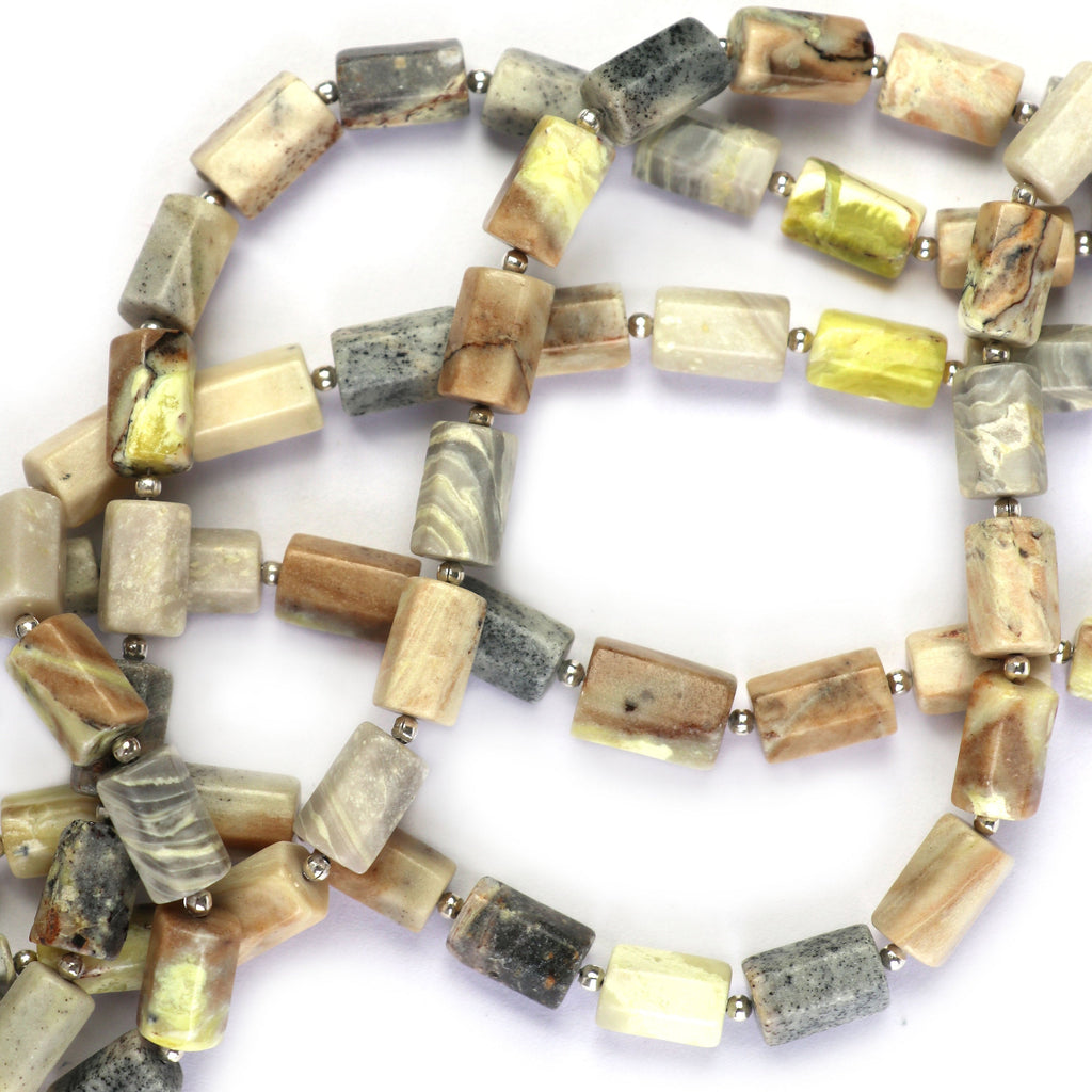 Serpentine with Calcite Cylinder Faceted Beads, Cylinder Faceted- 7x10.5 mm to 7x12.5 mm - Gem Quality , 14 Cm Full Strand, Price Per Strand - National Facets, Gemstone Manufacturer, Natural Gemstones, Gemstone Beads