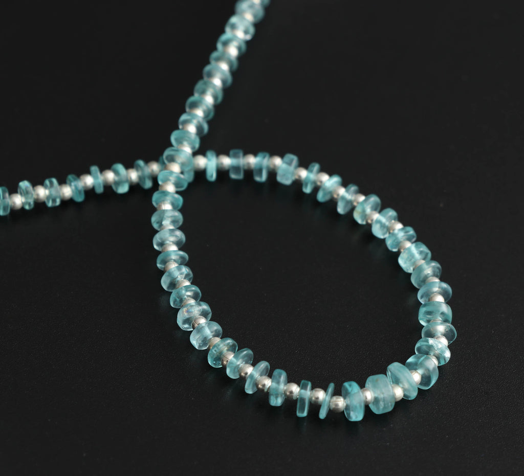 Sky Apatite Smooth Tyre Beads With Metal Spacer Balls- 4 mm to 6 mm- Sky Apatite Coin -Gem Quality ,8 Inch Full Strand, Price Per Strand - National Facets, Gemstone Manufacturer, Natural Gemstones, Gemstone Beads