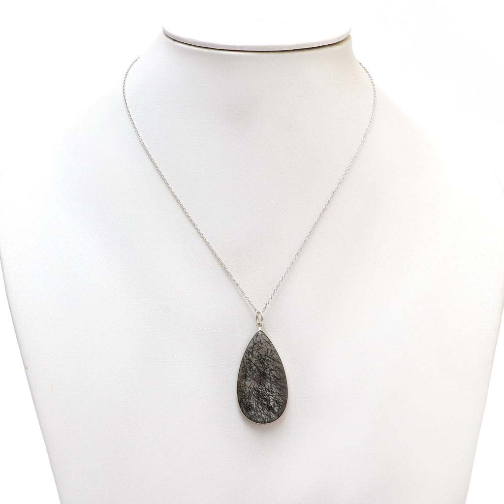 Black Rutile Smooth Pear Gemstone Bezel Pendant | 925 Sterling Silver Plated | Gift For Mom | Price Per Pendant - National Facets, Gemstone Manufacturer, Natural Gemstones, Gemstone Beads