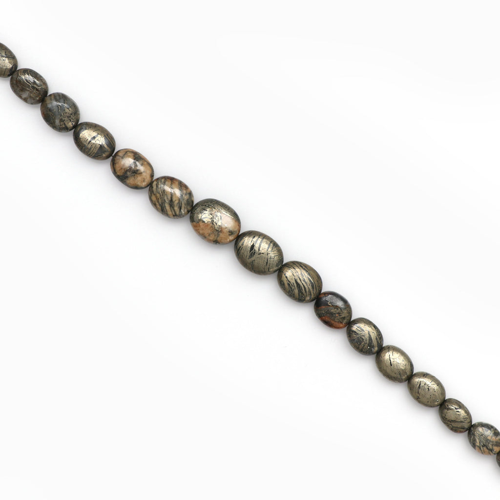 Natural Feather Pyrite Oval Shape Smooth Beads, Feather Pyrite Gemstone | 6x5 mm to 12x10 mm - Gem Quality, 10 Inch, Price Per Strand - National Facets, Gemstone Manufacturer, Natural Gemstones, Gemstone Beads