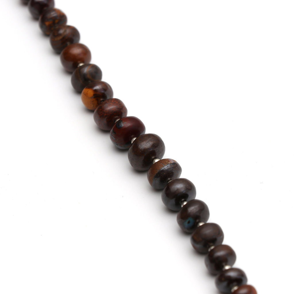 Boulder Opal Smooth Roundel Beads with Metal Spacer Balls - 8mm to 11mm - Boulder Opal - Gem Quality , 8 Inch Full Strand, Price Per Strand - National Facets, Gemstone Manufacturer, Natural Gemstones, Gemstone Beads