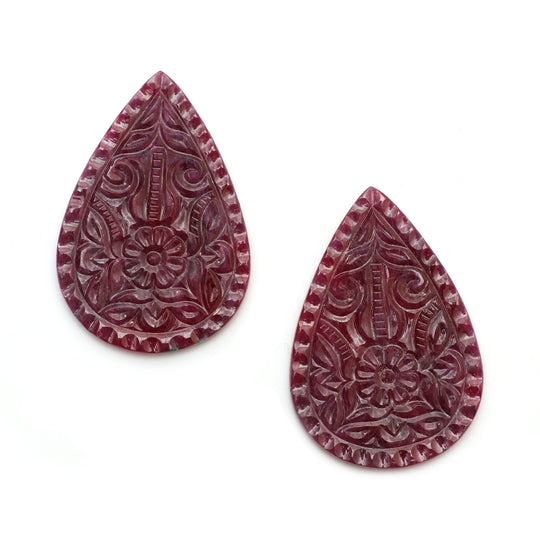 Natural Ruby Carving Pear Shaped Loose Gemstone - 46x31x2 mm - Ruby Pear, Ruby Carving Loose Gemstone, Pair (2 Pieces)