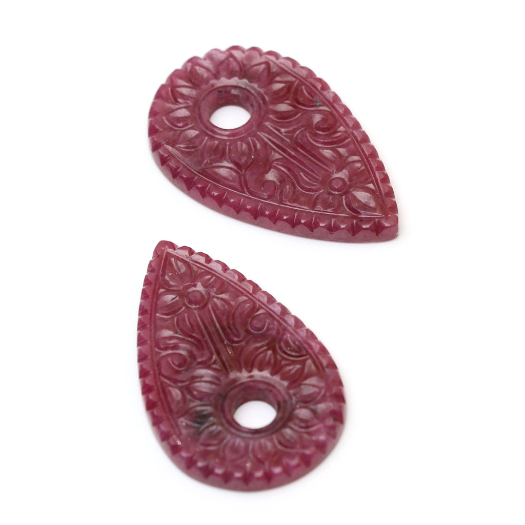 Natural Ruby Carving Pear Shaped Loose Gemstone - 27x43 mm - Ruby Pear, Ruby Carving Loose Gemstone, Pair (2 Pieces) - National Facets, Gemstone Manufacturer, Natural Gemstones, Gemstone Beads