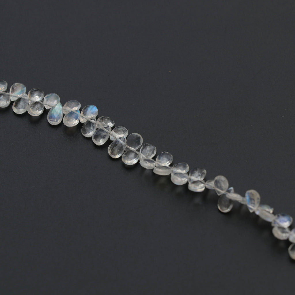 Natural Rainbow Moonstone Faceted Pear Briolette Beads, 4.5x7 MM to 5x7.5 MM, Moonstone Strand, 8 Inch/16 inch Full Strand, per strand price - National Facets, Gemstone Manufacturer, Natural Gemstones, Gemstone Beads