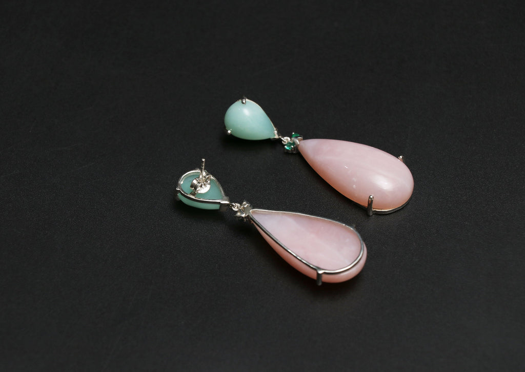 Chrysoprase Pear, Emerald , Pink Opal Pear Earrings | Beautiful Natural Gemstone Earrings | 925 Sterling Silver Prong Earrings, Gift For Her - National Facets, Gemstone Manufacturer, Natural Gemstones, Gemstone Beads