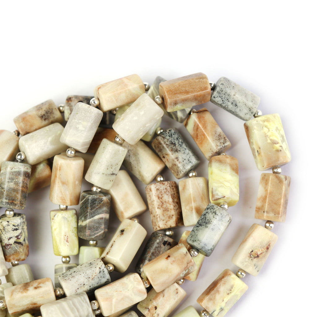 Serpentine with Calcite Cylinder Faceted Beads, Cylinder Faceted- 7x10.5 mm to 7x12.5 mm - Gem Quality , 14 Cm Full Strand, Price Per Strand - National Facets, Gemstone Manufacturer, Natural Gemstones, Gemstone Beads