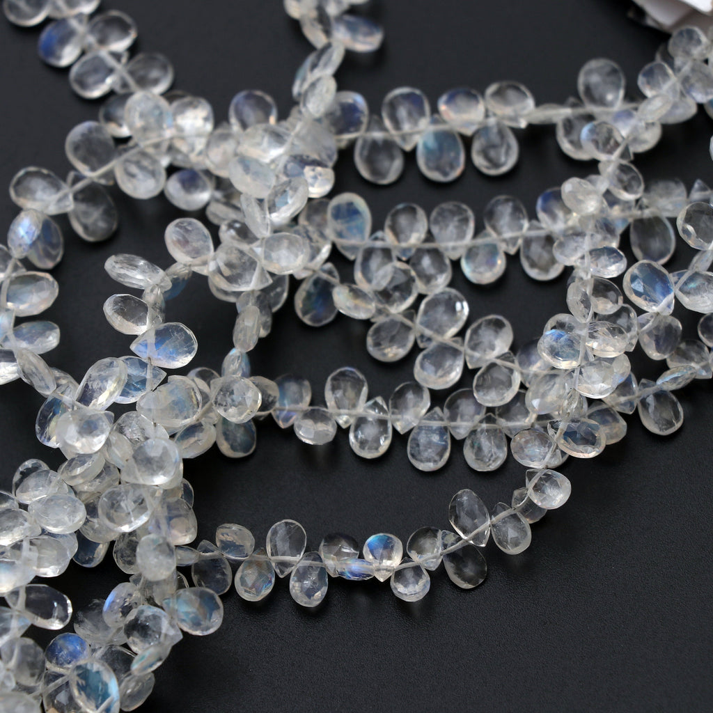 Natural Rainbow Moonstone Faceted Pear Briolette Beads, 4.5x7 MM to 5x7.5 MM, Moonstone Strand, 8 Inch/16 inch Full Strand, per strand price - National Facets, Gemstone Manufacturer, Natural Gemstones, Gemstone Beads