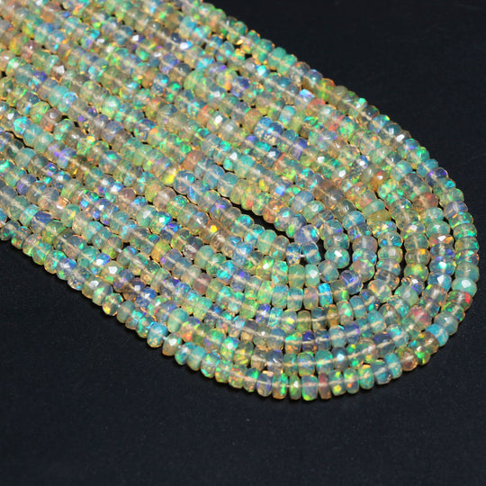 Natural Ethiopian Opal Faceted Roundell Beads, White Fire Opal , 3.5 mm to 4 mm - Ethiopian Opal - 16 Inches, Price Per Strand
