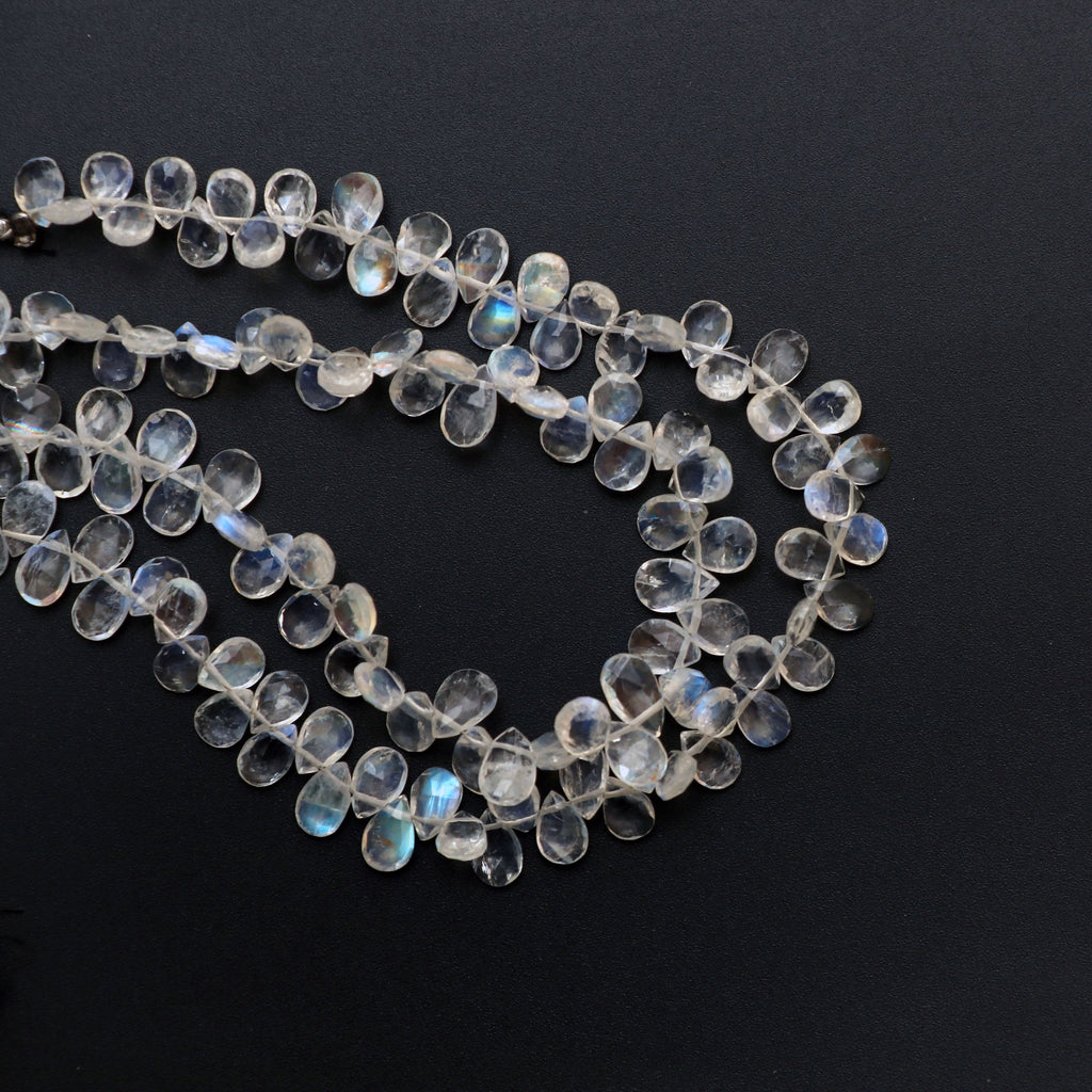 Natural Rainbow Moonstone Faceted Pear Briolette Beads, 4.5x7 MM to 5x7.5 MM, Moonstone Strand, 8 Inch/16 inch Full Strand, per strand price - National Facets, Gemstone Manufacturer, Natural Gemstones, Gemstone Beads