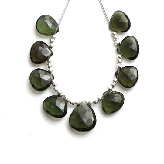 Natural Genuine Moldavite Heart Beads | 9x.5 mm To 12.5x14.5 mm Moldavite Heart Gemstone | Authentic Moldavite Tektite | Price Per Strand - National Facets, Gemstone Manufacturer, Natural Gemstones, Gemstone Beads, Gemstone Carvings