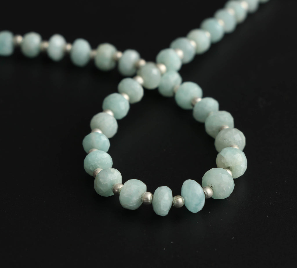 Amazonite Faceted Roundel Beads With Metal Spacer Balls - 4mm to 6.5mm - Amazonite Beads - Gem Quality , 8 Inch Strand, Price Per Strand - National Facets, Gemstone Manufacturer, Natural Gemstones, Gemstone Beads