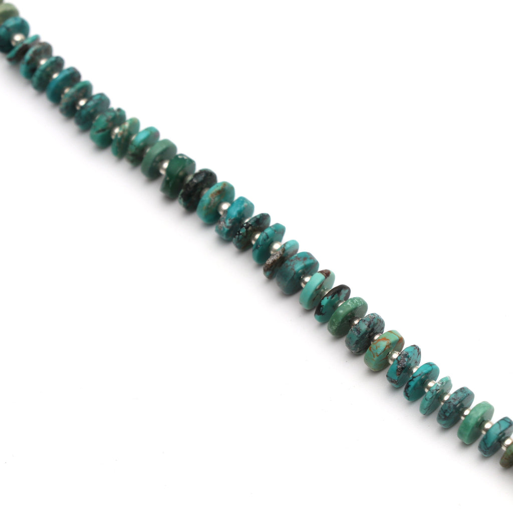 Turquoise Smooth Tyre Beads with Metal Spacer Ball- 6 mm to 7.5 mm - Turquoise Coin - Gem Quality , 8 Inch Full Strand, Price Per Strand - National Facets, Gemstone Manufacturer, Natural Gemstones, Gemstone Beads